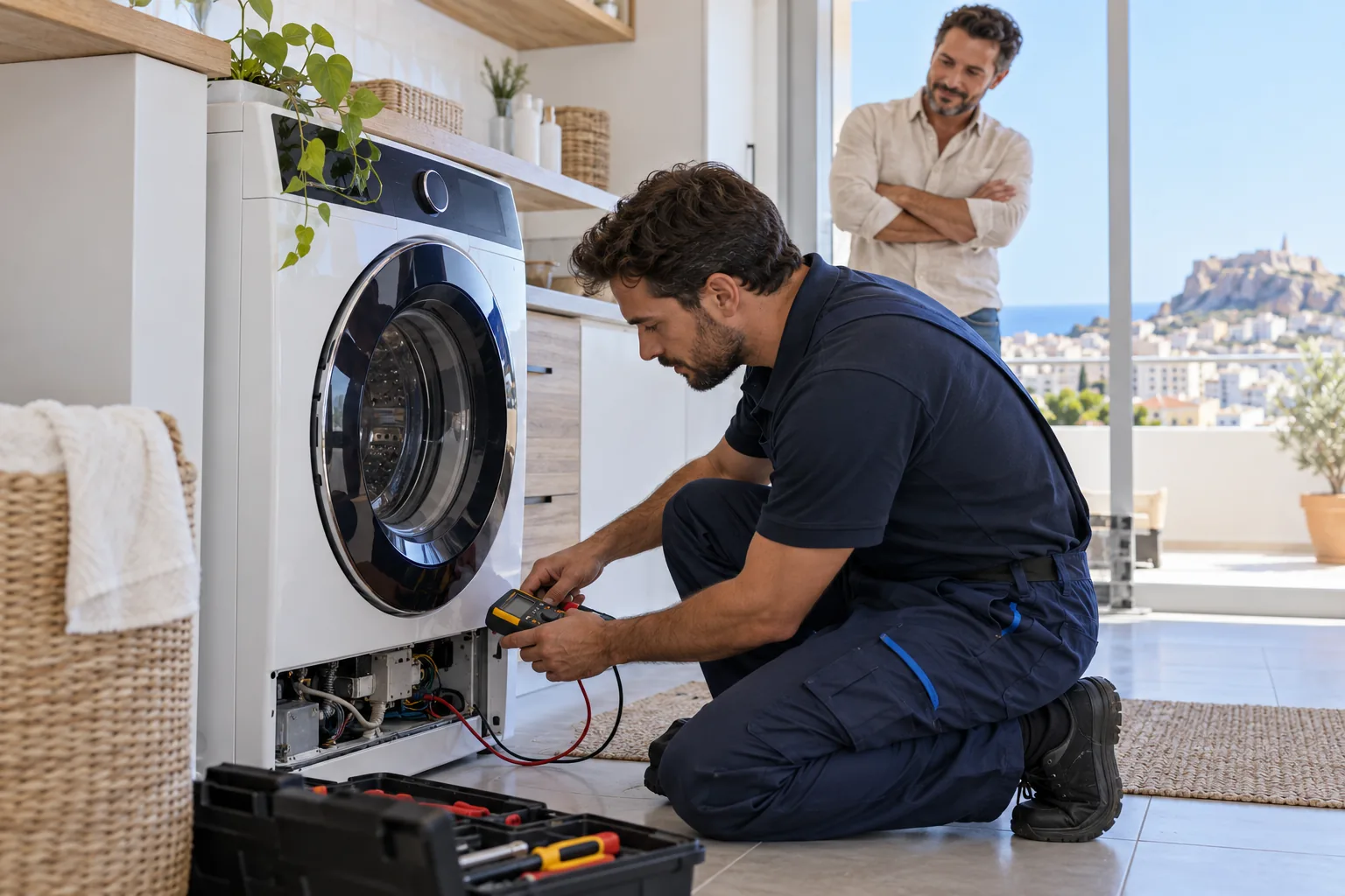 Técnico de Sator reparando una lavadora Samsung en Alicante